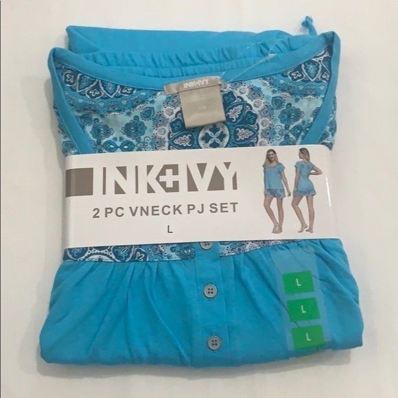 LAST ONE!!! New Women's V-Neck Tee and Short Pajama Set Blue Size Large - Picture 5 of 14